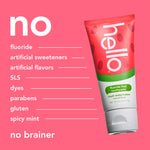 Hello fresh watermelon toothpaste tube on a pink background next to a checklist of items the product does not contain, headed by a large "no".