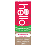 Hello fresh watermelon fluoride-free kids toothpaste box with bright pink, green and kraft color blocking and product callouts.