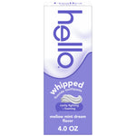Tall rectangular box of Hello whipped fluoride toothpaste in purple mellow mint dream packaging