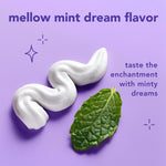 White whipped toothpaste dollop and a fresh mint leaf on a purple background labeled 'mellow mint dream flavor'