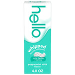 Standing boxed Hello whipped peppermint stick fluoride toothpaste package with teal design