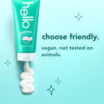Hello whipped peppermint tube dispensing a swirl of toothpaste with 'choose friendly' vegan messaging