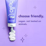 Purple Hello whipped toothpaste tube squeezing a spiral of paste with text declaring vegan and not tested on animals