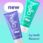 Two angled tubes of Hello whipped toothpaste, purple mellow mint and green peppermint, with 'new' callout