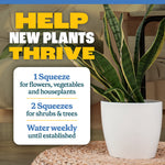 Indoor potted snake plant beside a dosing instruction box explaining one squeeze for flowers and two for shrubs and trees