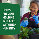 Lifestyle-style image of a smiling person potting plants with text panel reading “Helps prevent molding in places with high humidity”