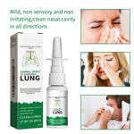 nasal spray bottle and box labeled herbal spray cleansing lung with three inset photos of people holding tissues to their noses