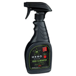 Angled view of black Hero Clean odor eliminator spray bottle with trigger and green-accented front label