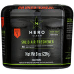 Close-up of Hero Clean black solid air freshener canister showing product name and net weight label