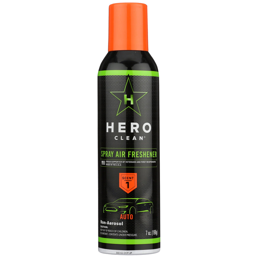 Tall black aerosol-style can of Hero Clean spray air freshener with orange cap and green-accented label