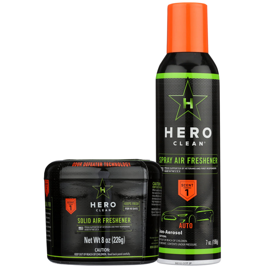 Hero Clean black spray air freshener with orange cap next to matching solid air freshener canister