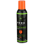 Slim black Hero Clean spray air freshener can with orange cap and green accents, front-facing product photo