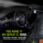 Close-up marketing image showing Hero Clean spray trigger spraying into a car interior with bold text about defeating odors