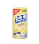 Photo of a wrapped cylinder package of HERO Scent Stripes lemon trash bags showing brand logo and lemon graphic on white background.