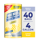 Cylindrical roll of HERO Scent Stripes lemon-scented small trash bags with yellow striped bag graphic and 40 bags callout.