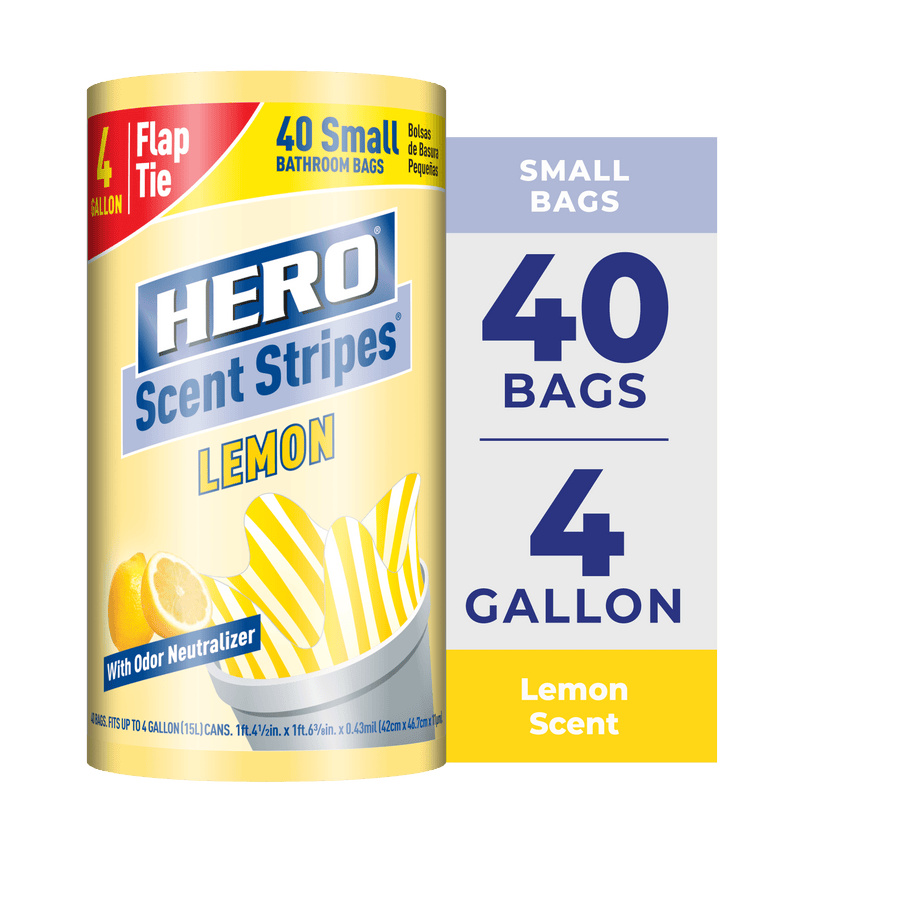 Cylindrical roll of HERO Scent Stripes lemon-scented small trash bags with yellow striped bag graphic and 40 bags callout.