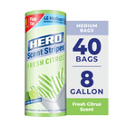 Rolled HERO Scent Stripes Fresh Citrus trash bag pack with 40/8-gallon label