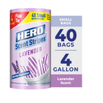 Hero Scent Stripes lavender 4-gallon small flap-tie roll packaging graphic showing 40 bags and lavender stripes
