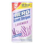 Photograph of a Hero Scent Stripes lavender roll showing label text, striped bag graphic and floral lavender illustration