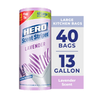 Cylindrical product render of HERO Scent Stripes lavender roll with large 40 bags / 13 gallon label