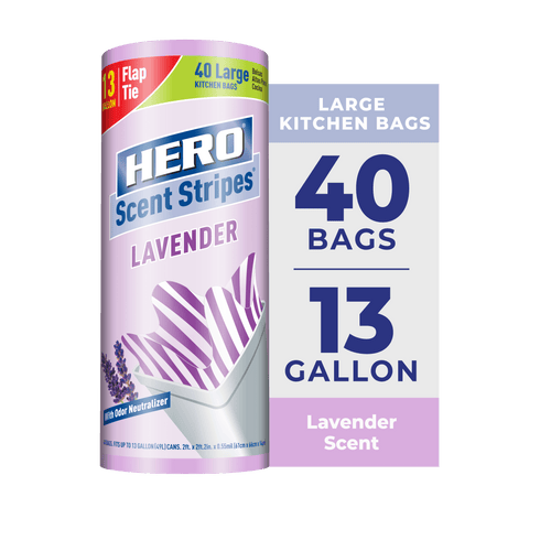 Cylindrical product render of HERO Scent Stripes lavender roll with large 40 bags / 13 gallon label
