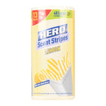 Front view of a Hero Scent Stripes lemon trash bag roll with yellow striped bag graphic and lemon illustration