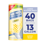 Rolled Hero Scent Stripes lemon-scented trash bag package with large 40 bags/13 gallon callout