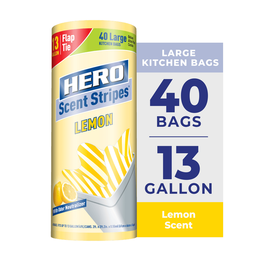 Rolled Hero Scent Stripes lemon-scented trash bag package with large 40 bags/13 gallon callout