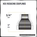 Technical diagram of a hex reducing coupling showing cross-section threads and labeled FIP sizes for 3/4" and 1" connections.