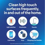 Icons and text advising to clean high-touch surfaces like light switches, doorknobs, faucets, phones and keys