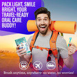 Enthusiastic hiker holding a pack of Guru Nanda travel toothbrushes and a single mini brush, with travel icons and pack-light messaging.