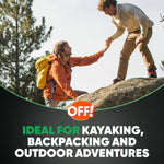 Outdoor lifestyle image with two hikers on rocks and an OFF! logo above text saying ideal for kayaking, backpacking and outdoor adventures.