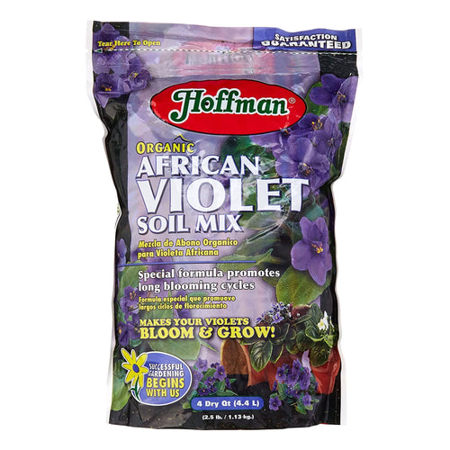 Front-facing bag of Hoffman Organic African Violet Soil Mix with purple floral graphics and product text