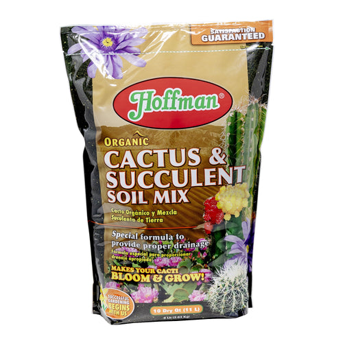 Photo of a Hoffman branded bag of Organic Cactus & Succulent Soil Mix with colorful cactus graphics