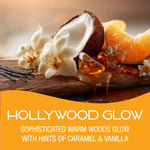 Close-up styled ingredients graphic with coconut, vanilla flowers, caramel and orange slice over an orange banner reading Hollywood Glow.