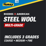 Graphic Homax brand label on dark background stating Rhodes American Steel Wool multi-grade and includes three grades