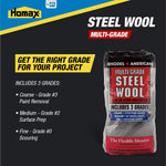Promotional layout showing Homax logo and a pack of Rhodes American multi-grade steel wool with grade usage text