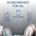 Graphic icons for septic systems, dishwashers, and drain pipes under headline ‘Home-friendly for all’.