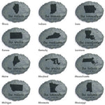 Collage of faux-stone garden plaques displaying state silhouettes and family name mockups for several U.S. states