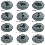 Sheet of faux-stone garden plaque mockups showing state outlines and personalized family name examples in rows