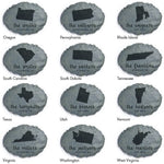 Collage of faux-stone garden plaques each featuring a different U.S. state silhouette and a sample family name