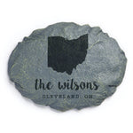 Oval faux-stone garden plaque with Ohio silhouette and script family name 'the wilsons' printed beneath