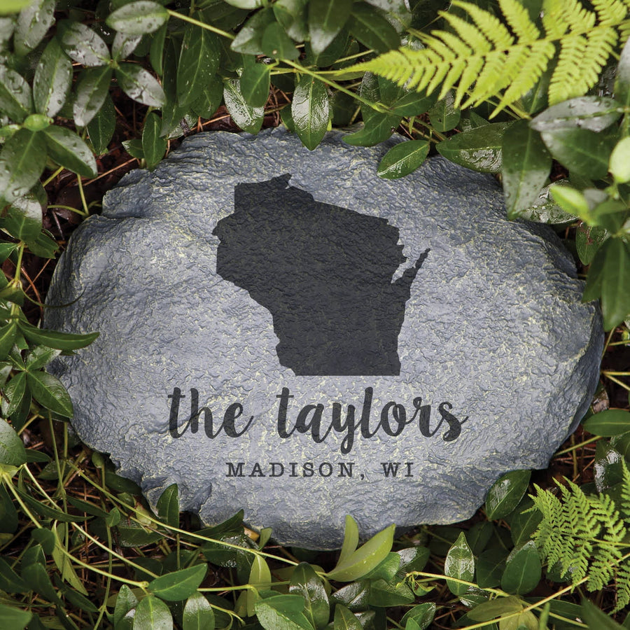 Dark faux-stone garden plaque showing Wisconsin silhouette with 'the taylors' and 'MADISON, WI' engraving