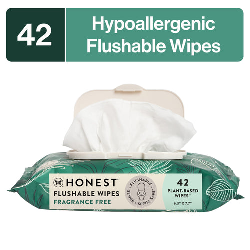 Honest brand green tropical-leaf pack of flushable wipes with a flip-top lid and a wipe pulled out, labeled 42 wipes.