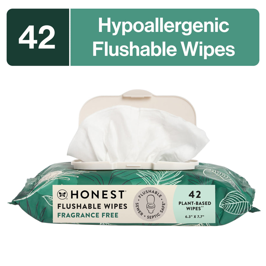 Honest brand green tropical-leaf pack of flushable wipes with a flip-top lid and a wipe pulled out, labeled 42 wipes.