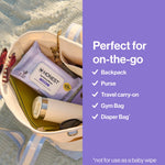 An Honest lavender wipes pack placed inside a tote bag with text listing locations where wipes are perfect for on-the-go