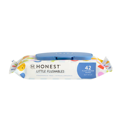Honest Little Flushables packet with blue plastic flip lid and playful printed packaging, front-facing on white background