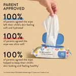 Hand pulling a wipe from an Honest Little Flushables pack with text highlighting parent-approved claims at left