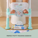 Honest Little Flushables pack with a wipe in front of a child on a potty training seat, positioned on a bathroom floor