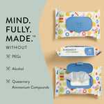 Three Honest Little Flushables packets shown flat with blue lids and left-side text listing ingredients to avoid